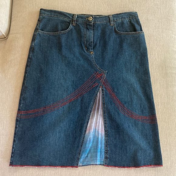 Designer Denim Skirt - front slit has ombre cloth, back slit is open - size 10 - Picture 7 of 11
